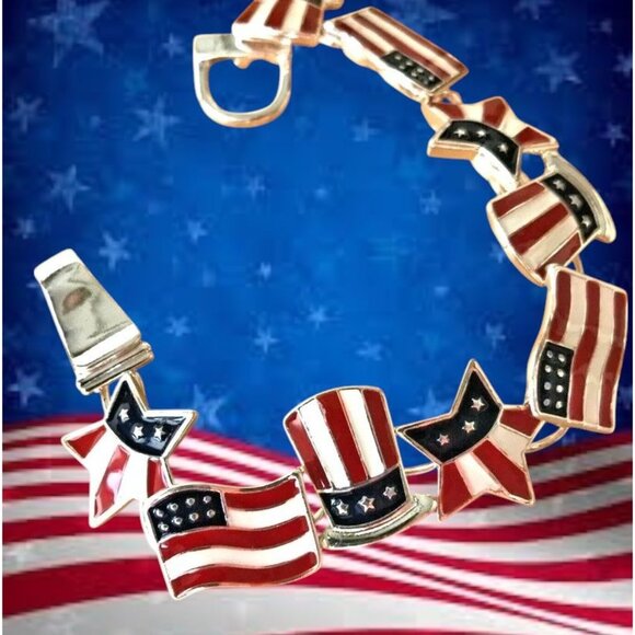 Patriotic Bracelet American Flag Uncle Sam Hat Stars Magnetic Closure July 4 New - Picture 8 of 14